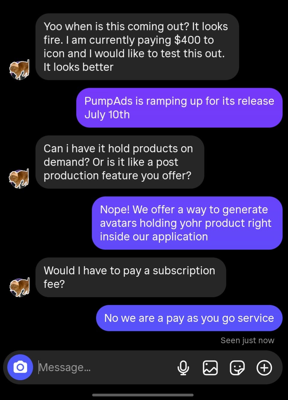 Instagram conversation showing customer inquiries
