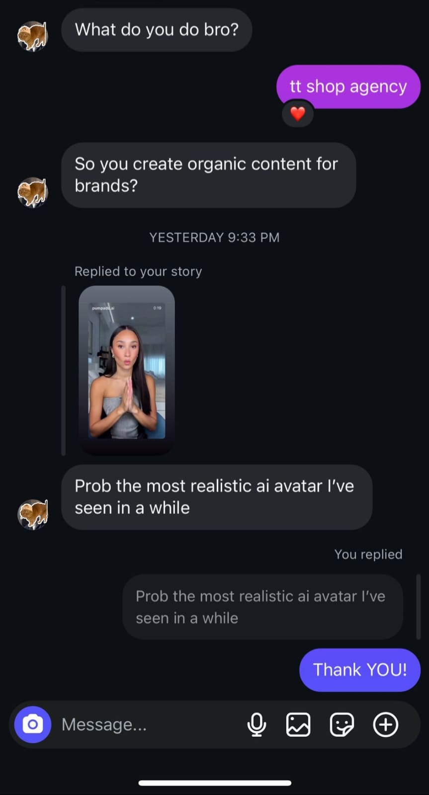 Instagram conversation showing customer testimonial