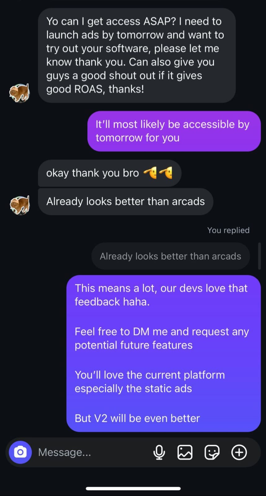 Instagram conversation showing customer feedback